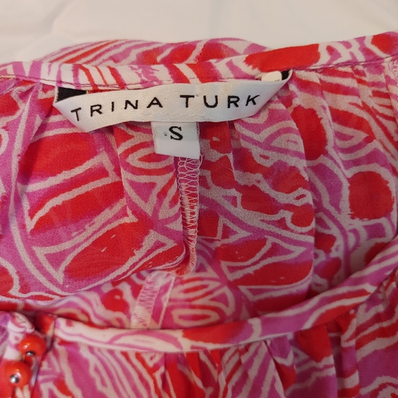 TRINA TURK Red/Magenta-Pink/White Silk Print Keyhole See-Through Blouse S - Picture 10 of 12